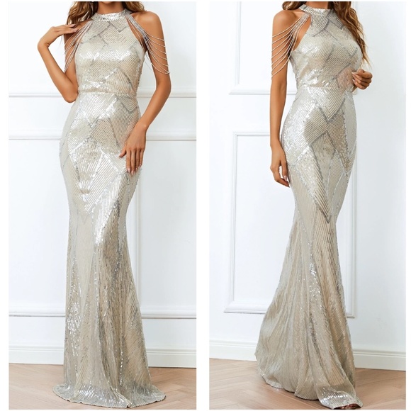 Luxe Sequin Halter Evening Party Wedding Bodycon Gown Dress - Picture 2 of 9